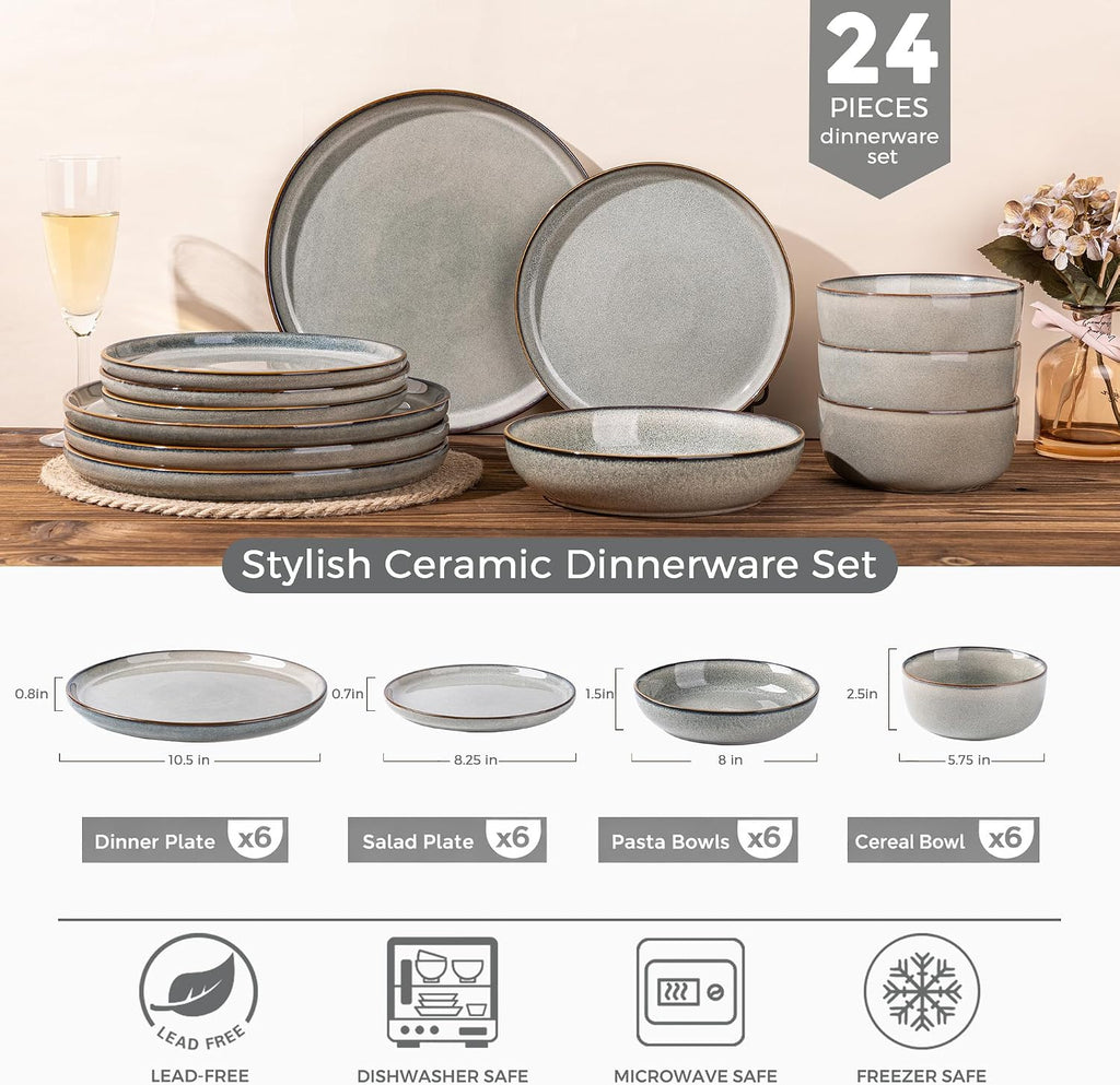 GBHOME 24 Pieces Double Bowls Ceramic Dinnerware Sets for 6, Stoneware Plates and Bowls Set with Reactive Glaze, Scratch Resistant Stoneware Dishes Set, Dishwasher & Microwave Safe