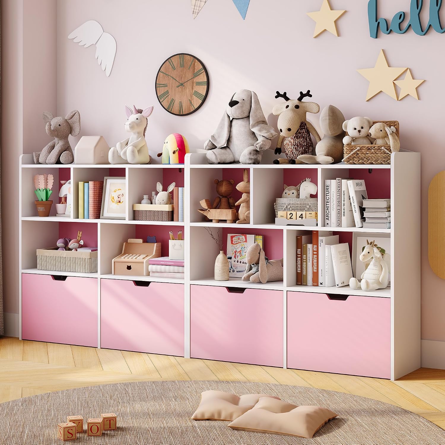 IDEALHOUSE Toy Storage Organizer with Movable Drawers, Kids Bookshelf with Hidden Wheels and 5 Open Cubbies, Multifunctional Storage Cabinet Chest for Playroom