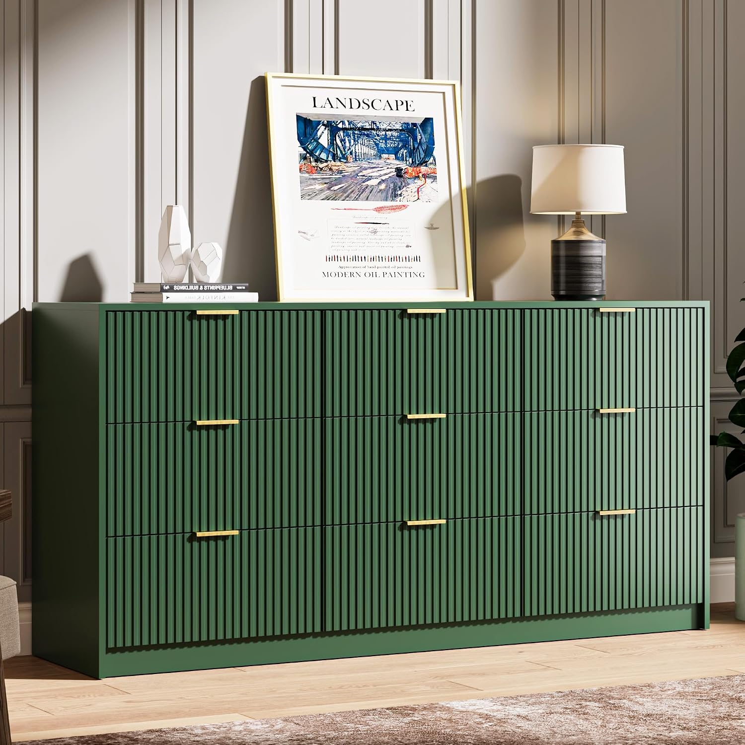 MAISONARIA Green 9 Drawer Dresser for Bedroom, 63' Wide Modern Fluted Dresser with Gold Metal Handles, Chest of Drawers for Bedroom, Living Room, Entryway, Hallway