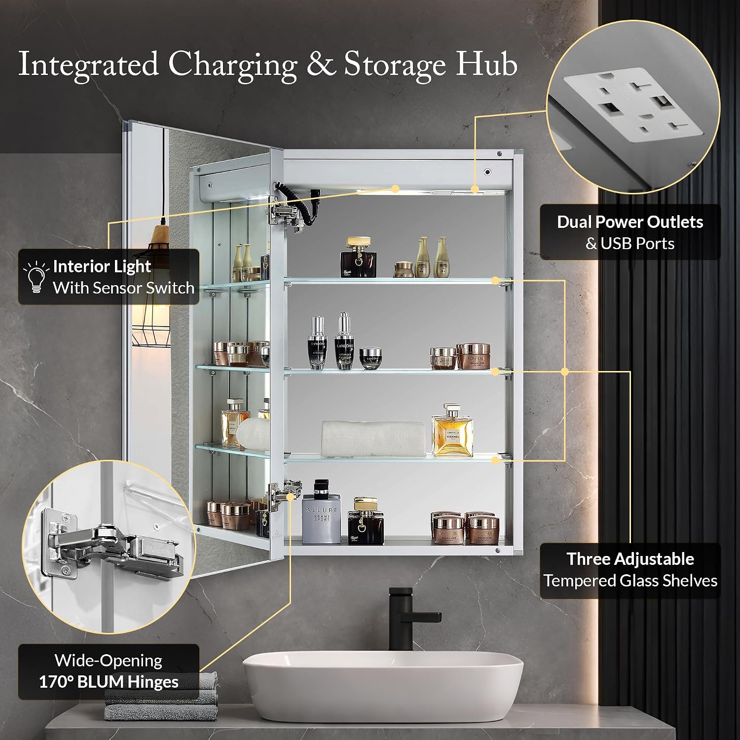 Blossom LED Medicine Cabinet Mirror for Bathroom, 20x32 Inch - Lighted Medicine Cabinet with Mirror - Recessed or Surface Makeup Mirror, Anti-Fog, Adjustable Brightness - P1(M)-20-Left Hinge
