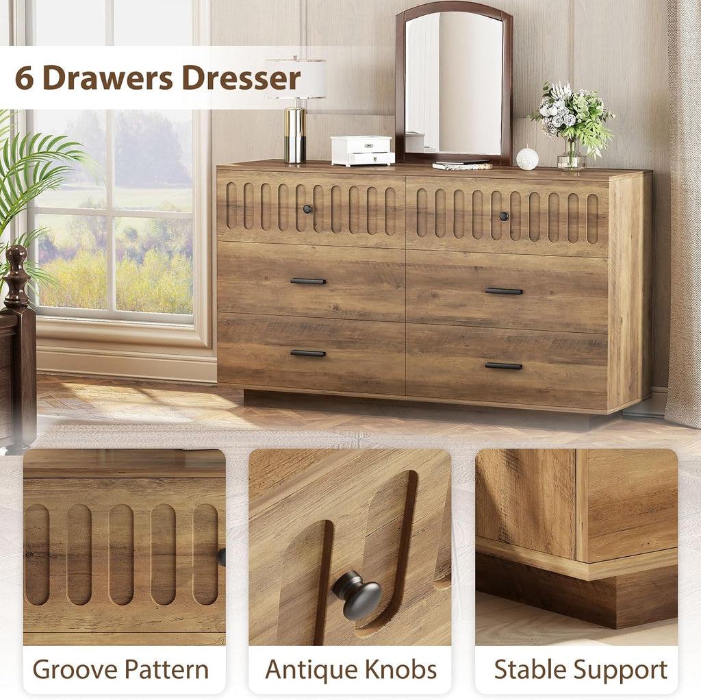 IBF Farmhouse Dresser for Bedroom Modern 6 Drawer Dresser Fluted Chest of Drawers Large Wood Closet Dressers with Anti-Tipping Design for Bedroom, Living Room, Hallway, Entryway, Nursery, Rustic Oak