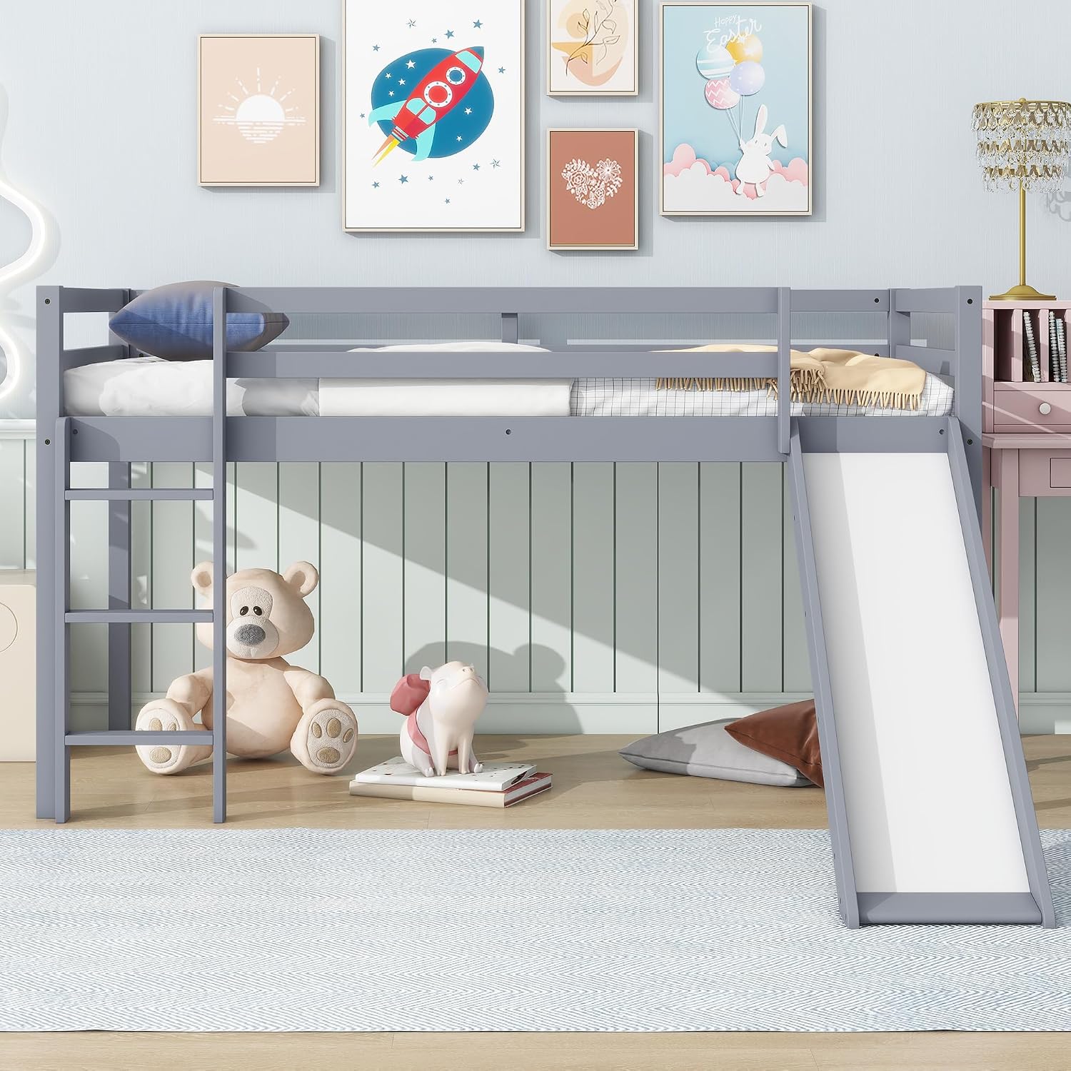 JIVOIT Twin Size Low Loft Bed with Slide and Ladder, Rubber Wood Twin Loft Bed with Wood Slats Support, No Box Spring Needed (Grey/407)
