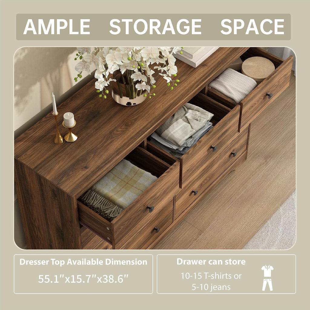 Dresser for Bedroom, 9 Drawer Dresser with Large Drawers, 55 Inch Wide Wood Chest for Living Room, Hallway, Walnut
