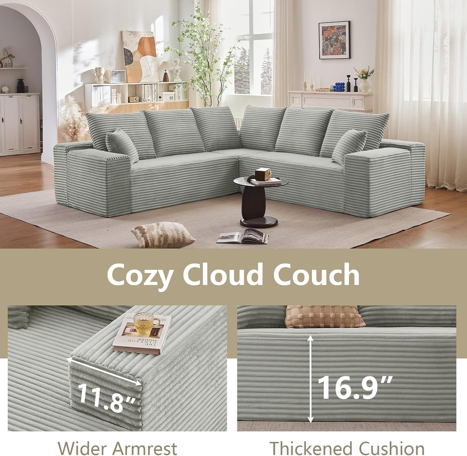 Sectional Cloud Couch for Living Room, Modern Modular Floor Deep-Seat Sofa, Upholstered L Shaped Sofas, Big Comfy Corduroy Couches Set for Living Room Bedroom, No Assembly Required, Grey