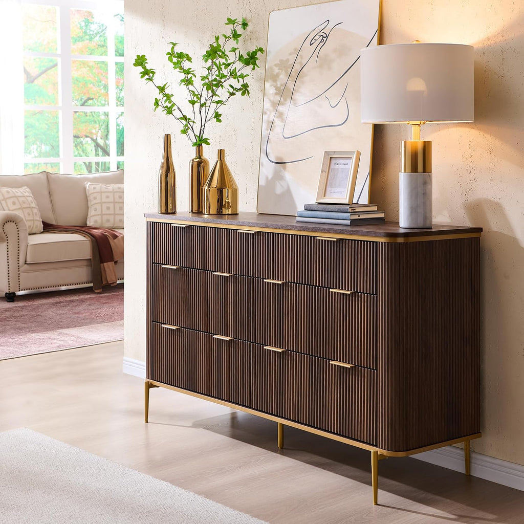 T4TREAM Fluted 7 Drawers Dresser for Bedroom, 54' Wide Modern Dresser TV Stand, Gold Accents, Fluted Fronts, Wood Storage Dressers Organizer for Bedroom, Living Room, Dark Walnut