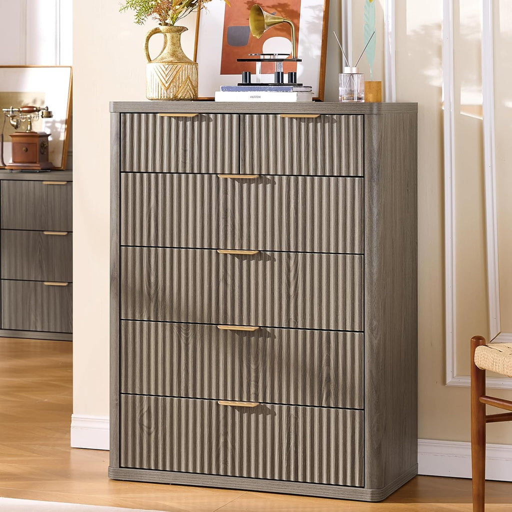 LEYAOYAO Fluted 6 Drawers Dresser for Bedroom Set of 2, 42' Tall Modern Chest of Drawers with Metal Handle, Curved Profile Design,Grey Wood Drawer Organizer for Bedroom, Living Room, Hallway