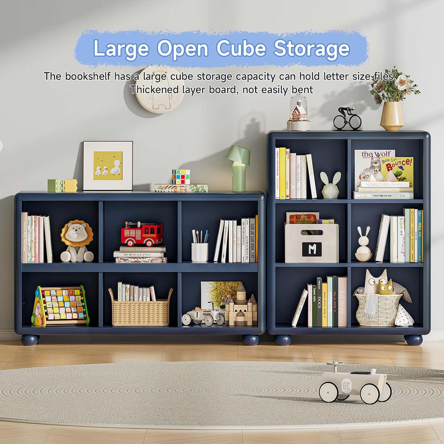 Kids Bookshelf, Large Wooden Bookcase with 6 Cube Storage, Girl Toy Storage Organizer Cabinet with Child Safe Paint&Thick Board, Boy Tall Book Shelves Nook for Office Playroom Living Room (Navy Blue)