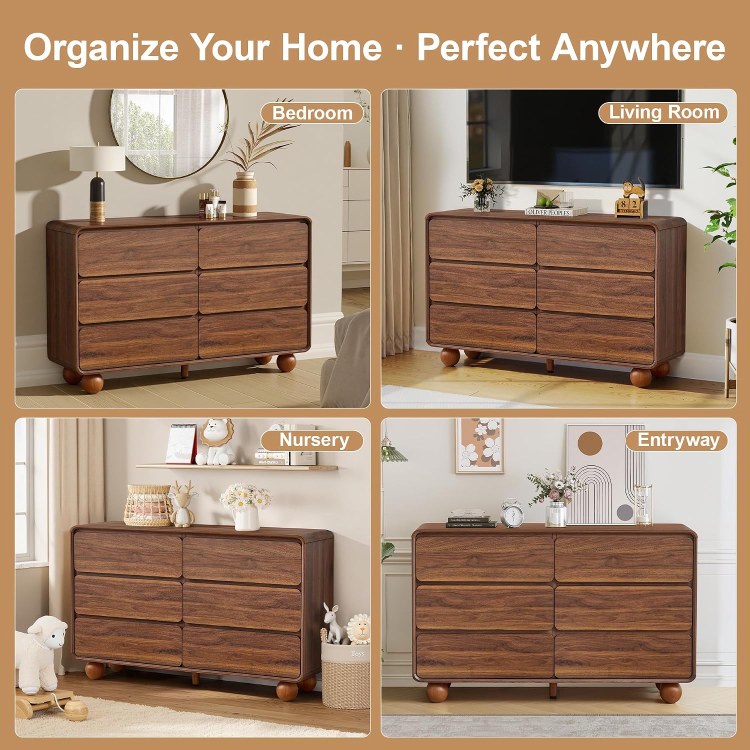 AVZEAR Modern 6 Drawer Dresser for Bedroom, 48' Wide Wooden Dresser Chest of Drawers, Handle Free & Curved Profile Design, Mid Century Closet Clothes Storage Organizer for Living Room, Walnut
