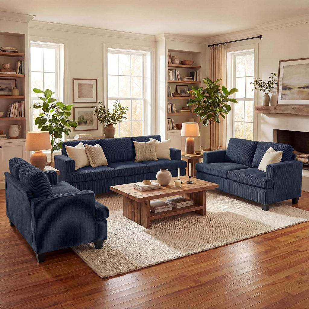 Fiona's magic 7 Seats Couch Set, 3 Piece Set Comfy Couch, 2 Loveseat & 3 Seater Sofa with Deep Seats for Living Room, Modern Sleeper Sofa, Blue Corduroy