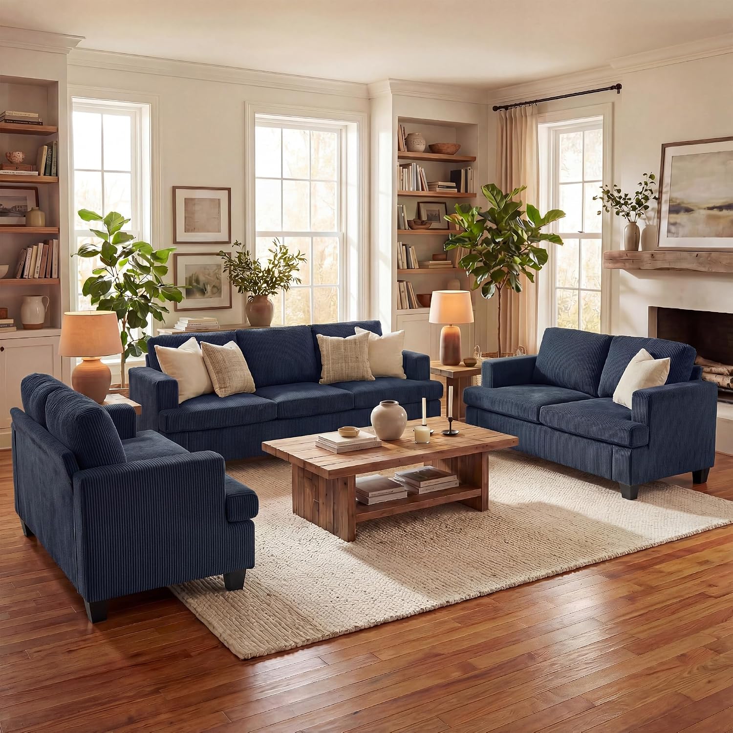 Fiona's magic 7 Seats Couch Set, 3 Piece Set Comfy Couch, 2 Loveseat & 3 Seater Sofa with Deep Seats for Living Room, Modern Sleeper Sofa, Blue Corduroy
