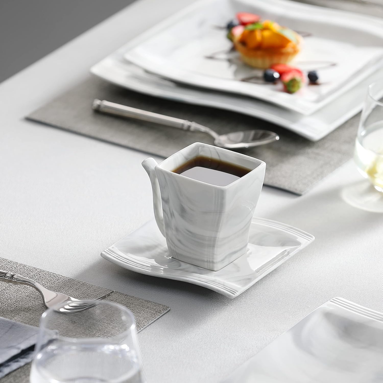 MALACASA Plates and Bowls Sets, 30 Piece Porcelain Dinnerware Sets for 6, Square Dinnerware Set with Dinner Plate, Dessert Plate, Soup Plate, Cup and Saucer, Modern Dish Set, Marble Grey, Series Flora