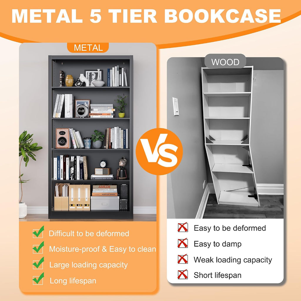 VASAAOSD Black Bookshelf, 55' Adjustable Tall Metal Bookshelf, 5-Tier Toy Storage Organizer with Anti-Tilt Device, Modern Book Cases and Book Shelves for Bedroom, Playroom, Classroom, Study