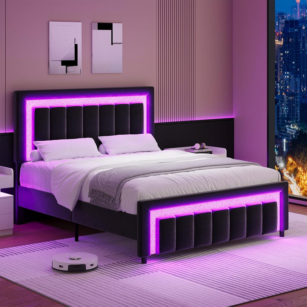 HOMBCK Full Size Bed Frame with LED Lights and Velvet Upholstered Adjustable Headboard, Bed Frame Full with Diamond Headboard & Footboard, Wood Slats Support, Noise Free, No Box Spring Needed, Black