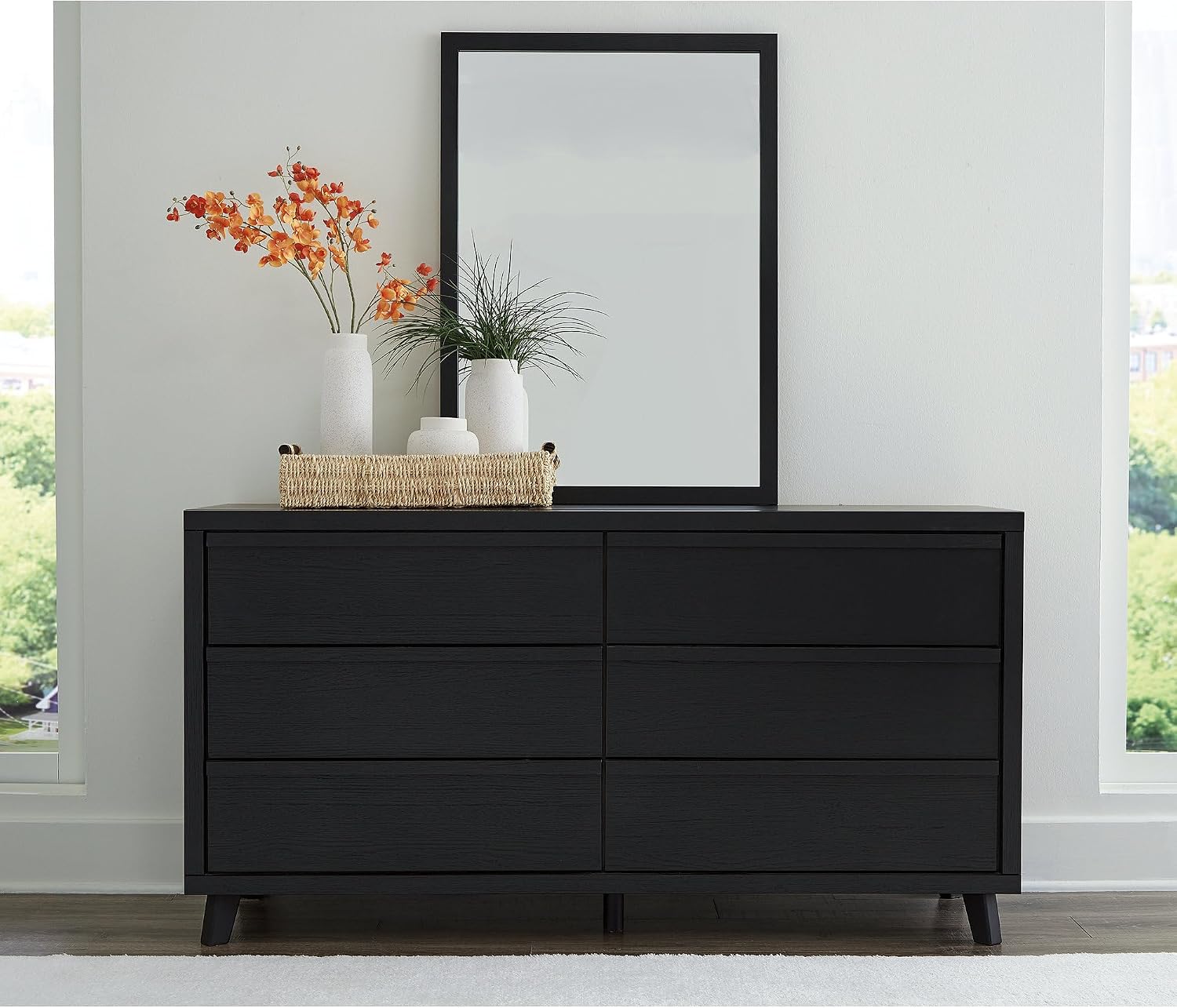 Signature Design by Ashley Danziar Mid-Century Modern 6-Drawer Dresser and Mirror with Safety Stop, Black