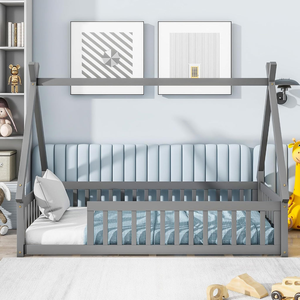 Twin Size Tent Floor Bed for Kids,Montessori Floor Bed with Fence，Floor Bed Frame Twin Size,Teepee Bed with Slats for Girls Boys,Grey
