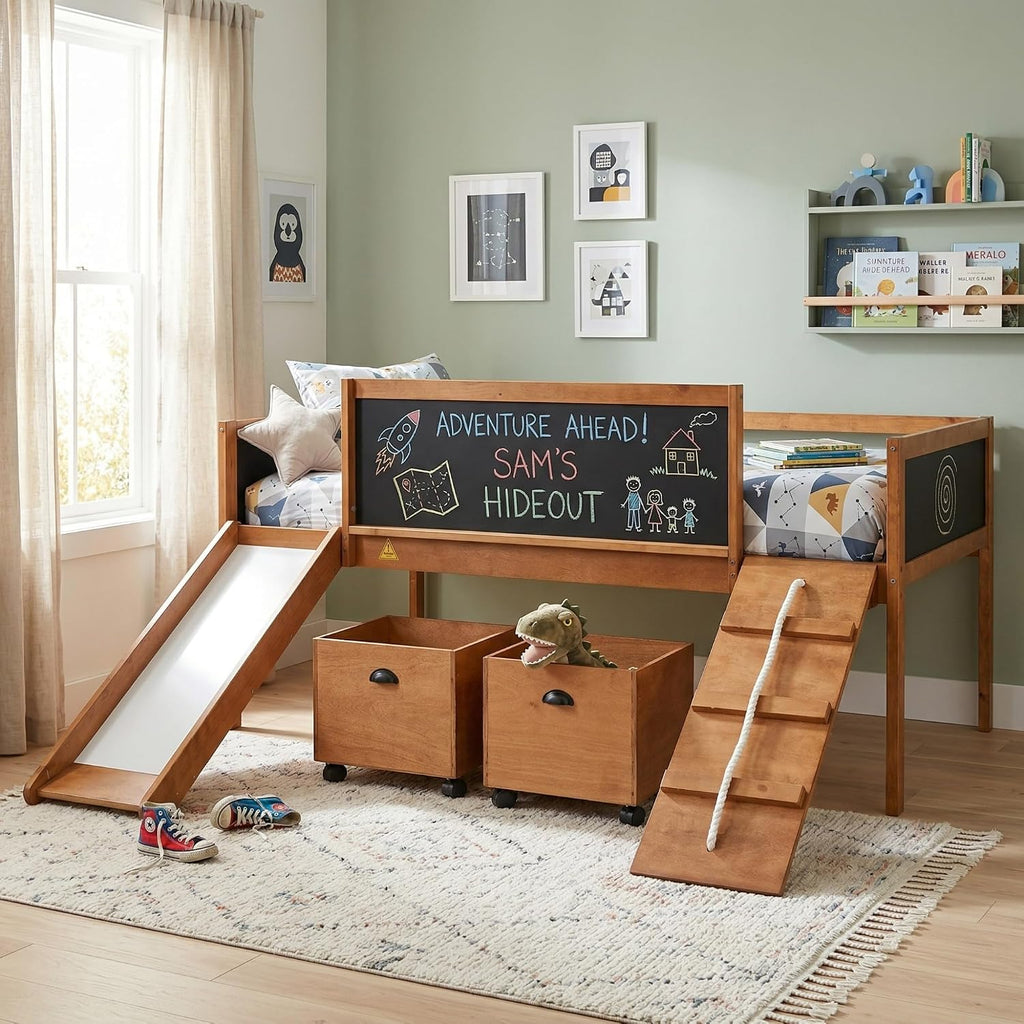 JIVOIT Twin Size Low Loft Bed with Climbing Frame & Rope, Wood Loft Bed Frame with Two Storage Boxes, Slide and Double-Sided Chalkboard, Pine Wood Bed Frame for Teens (Natrual+Rope)