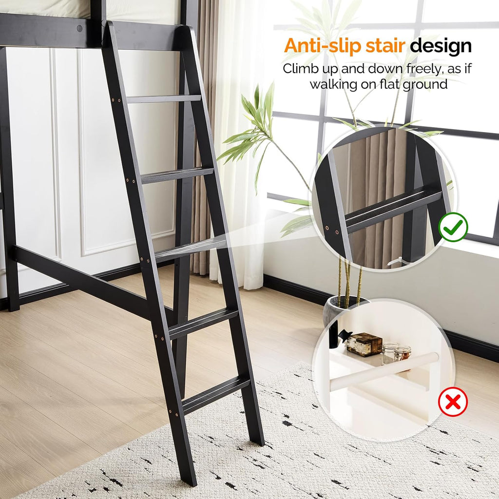 VINGLI Loft Bed Full Size with 15 inches Guardrail/USB Charging Station/LED, Solid Wood Double High Sleeper with Flat Rungs for Kids/Teens/Adults,No Box Spring Needed, Black