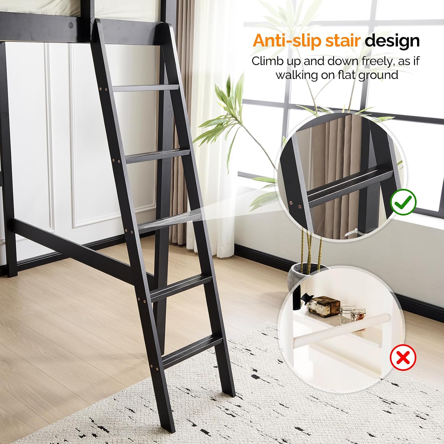 VINGLI Loft Bed Full Size with 15 inches Guardrail/USB Charging Station/LED, Solid Wood Double High Sleeper with Flat Rungs for Kids/Teens/Adults,No Box Spring Needed, Black
