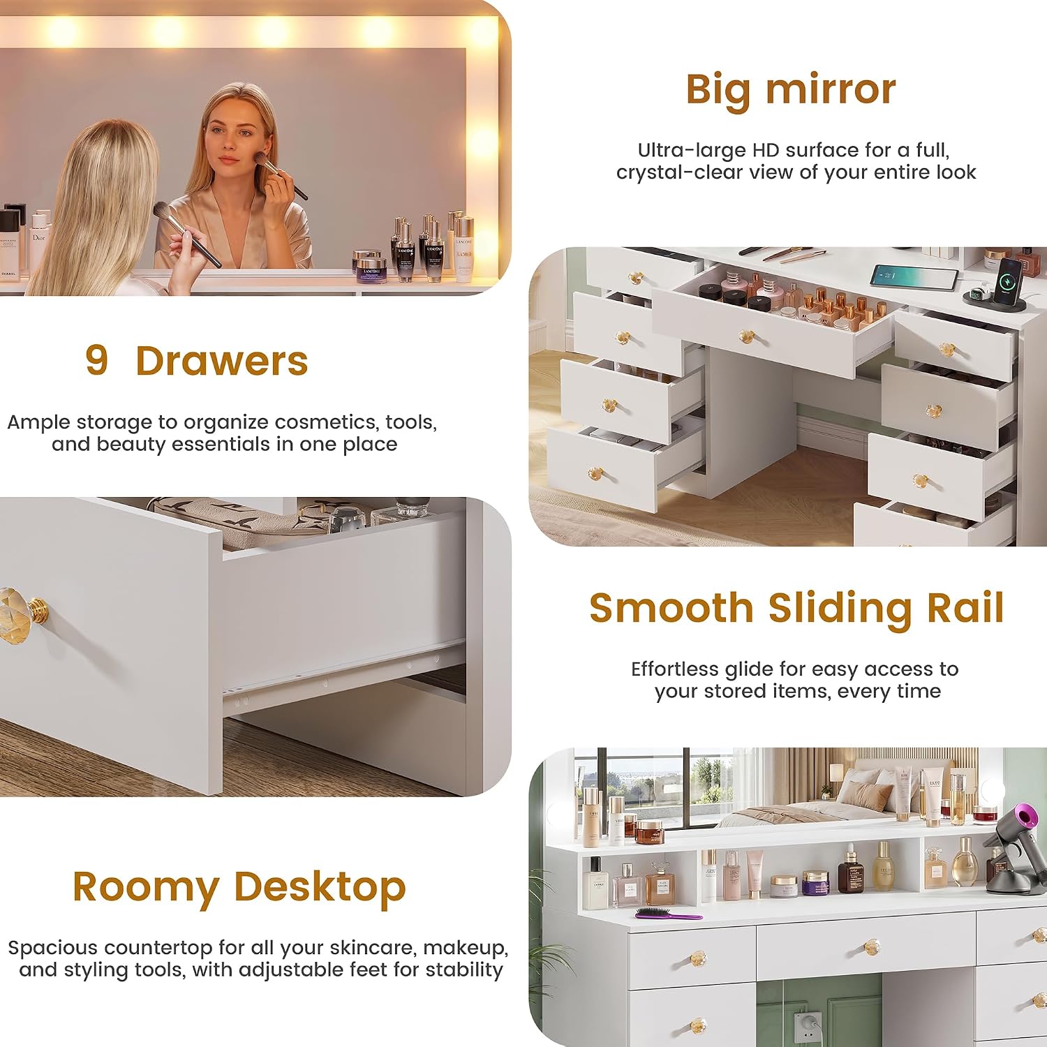 Vanity Desk with Mirror and Lights, Makeup Vanity Table with Power Outlet, 9 Drawers & Storage Shelf, Bedroom Dressing Table Vanity Set for Girls, Women, White (39.3' Large Mirror)