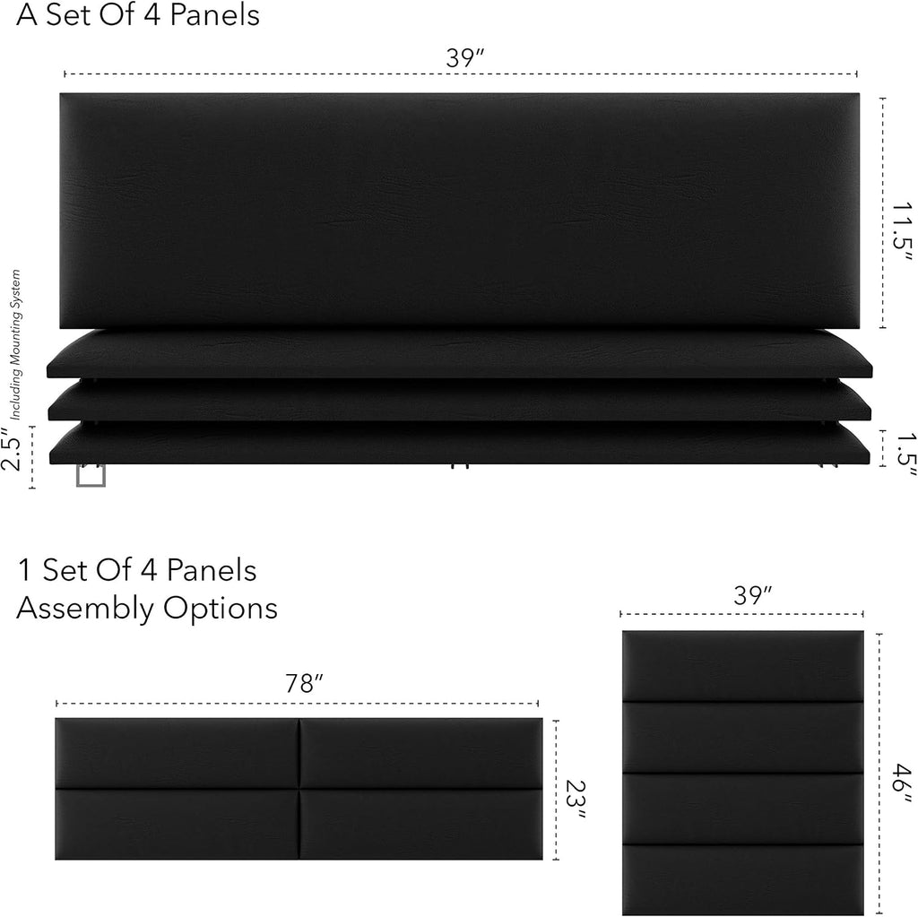 Vänt Upholstered Wall Panels - King/Cal King Size Wall Mounted Headboards - Vintage Leather Jet Black - Twin/King - Set of 4 Panels (Each Individual Panel 39'x11.5')