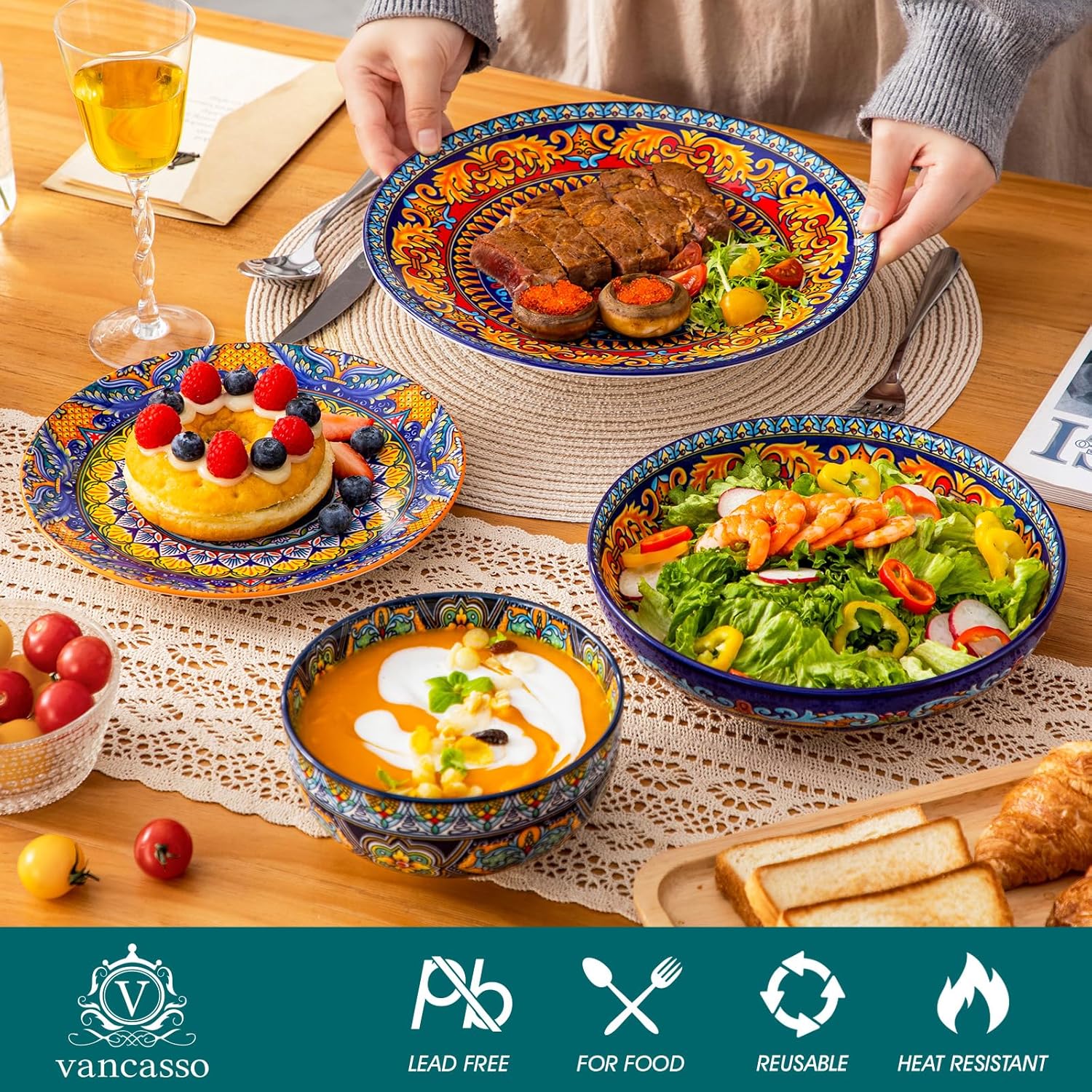 vancasso 24-Piece Dinnerware Sets,Plates & Bowls Sets Service for 6, Bohemian Porcelain Dishes Set for 6, Kitchen Dinner Set,Microwave & Dishwasher Safe, Scratch Resistant,Series KRVI