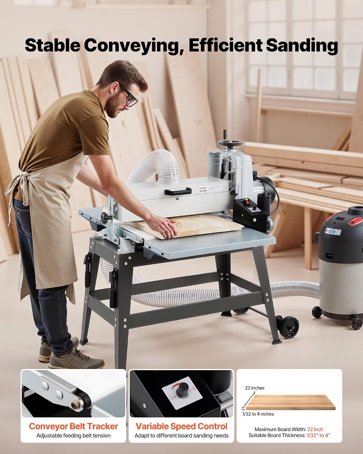 VEVOR 22' Drum Sander with Stand & Extension Tables, 1.75HP 1440RPM Dual Motor Drum Sander for Woodworking - Variable Speed Conveyor Belt, 4' Dust Collection Port for Cabinet & Furniture Finishing