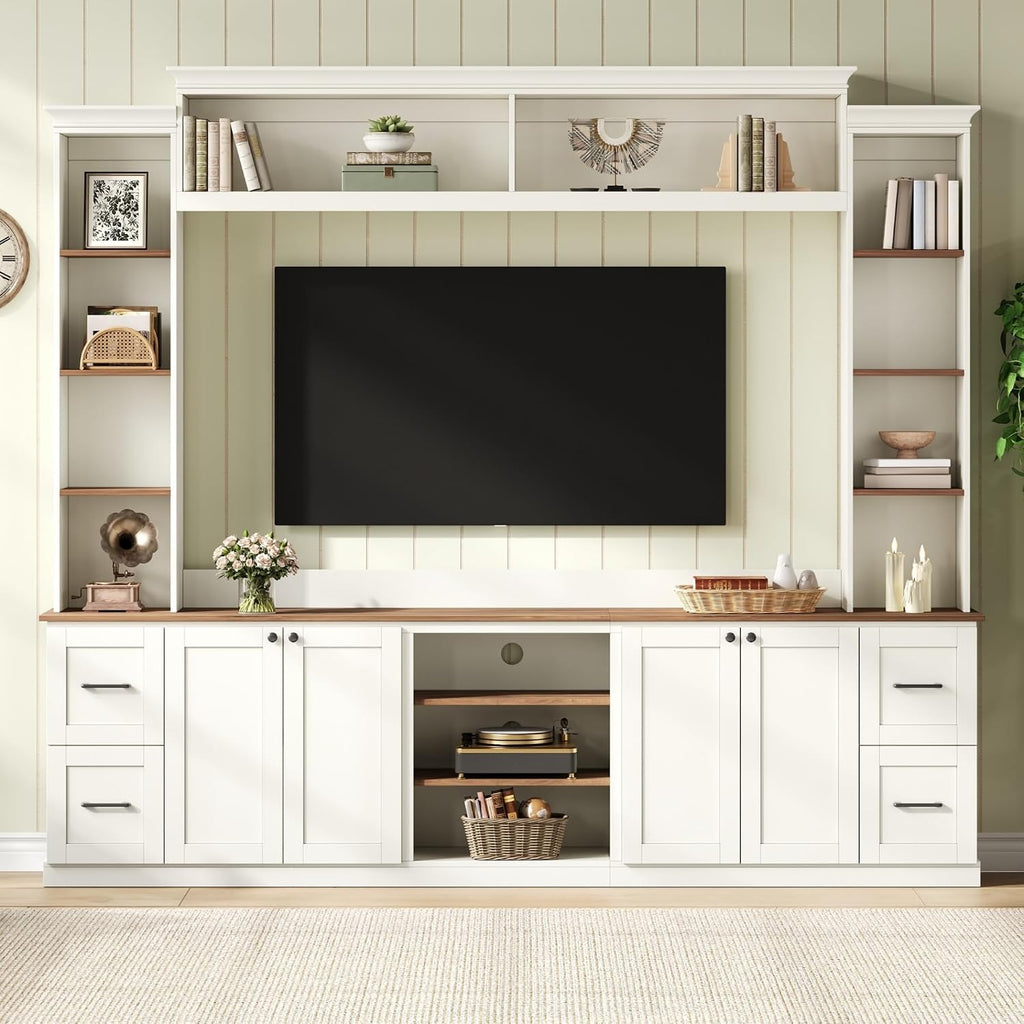 4-Piece Entertainment Center Wall Unit for TVs up to 70', Large TV Stand with Bookcase, 6 Drawers & Adjustable Shelves, Elegant Large Wall Media Console Unit for Living Room, White