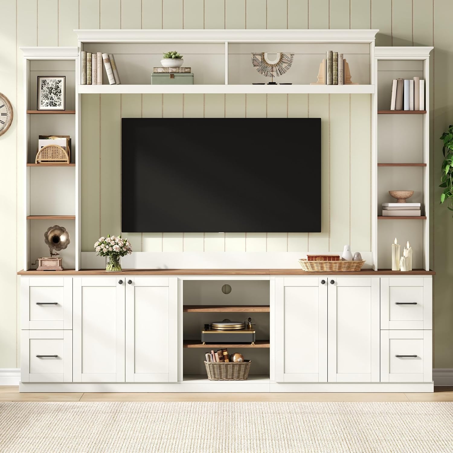 4-Piece Entertainment Center Wall Unit for TVs up to 70', Large TV Stand with Bookcase, 6 Drawers & Adjustable Shelves, Elegant Large Wall Media Console Unit for Living Room, White