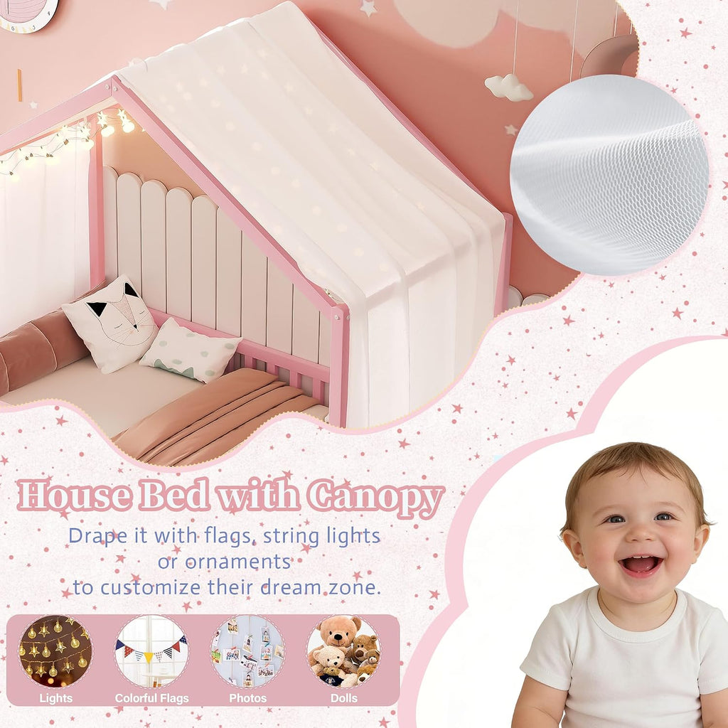 Twin Montessori Floor House Bed with High Rails, Wood Kids Low Floor Bed with Roof & Canopy, Montessori Twin Kids Bed Frame for Girls, Boys,No Box Spring Needed, Pink