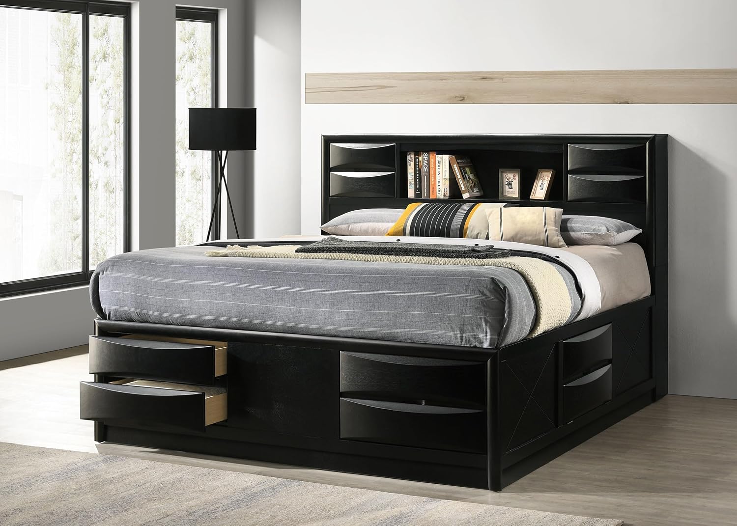 Coaster Home Furnishings - Briana - Wood - Eastern King Platform Storage Bed with Bookcase Headboard, 8 Drawers, Drop-Down Compartments, Transitional Style - Bedroom - Black - 202701KE