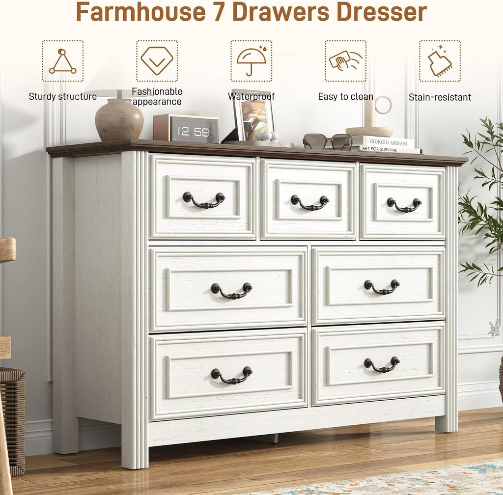 chartustriable Farmhouse 7 Drawer Dresser for Bedroom, 47' Wood Chest of Drawers with Rustic Handles, Wide Closet Dressers Organizer, Living Room, Hallway, Bedroom Furniture(7 Drawers White)