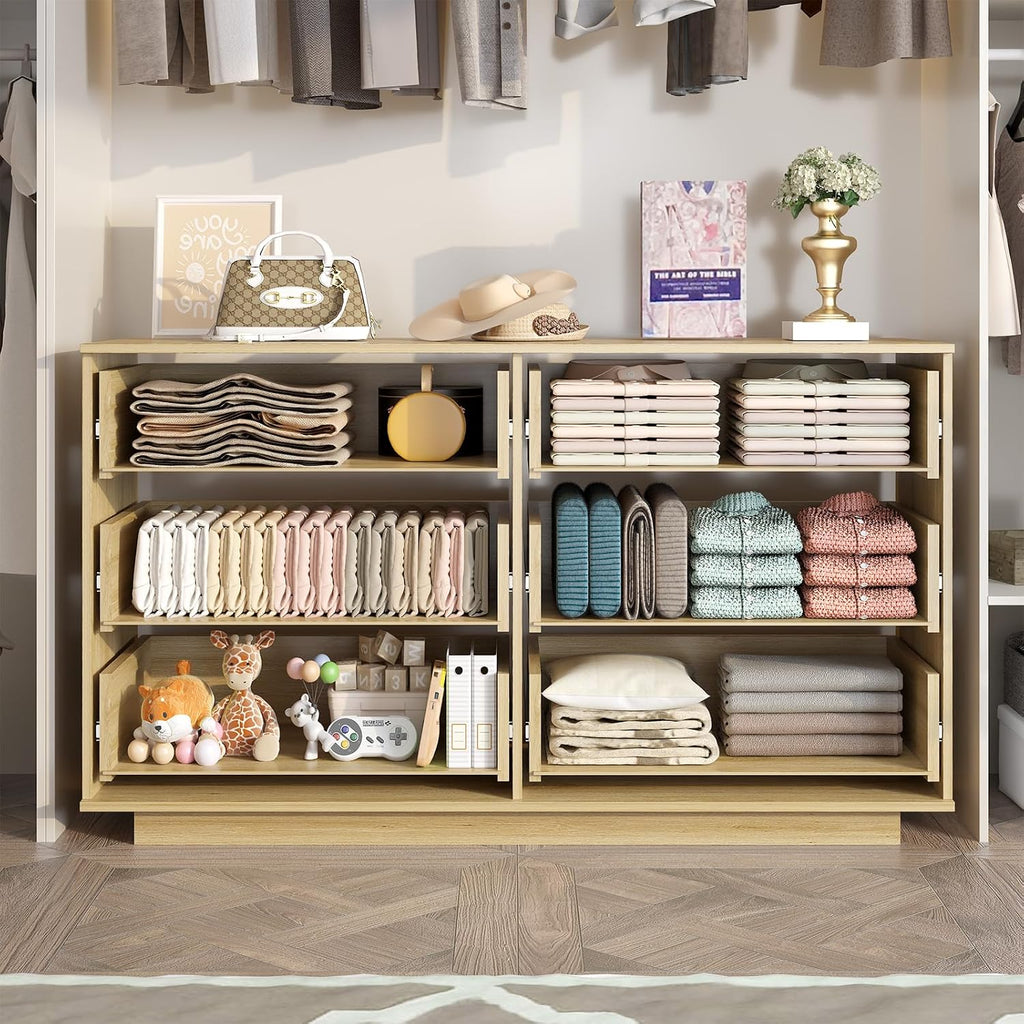 IBF Modern Fluted 6 Drawer Dresser for Bedroom, Fluted 55 Inch Chest of Drawers for Kid Adult Closet, Large Wood Clothes Storage Dresser with Anti-Tipping Device for Living Room Hallway, Oak