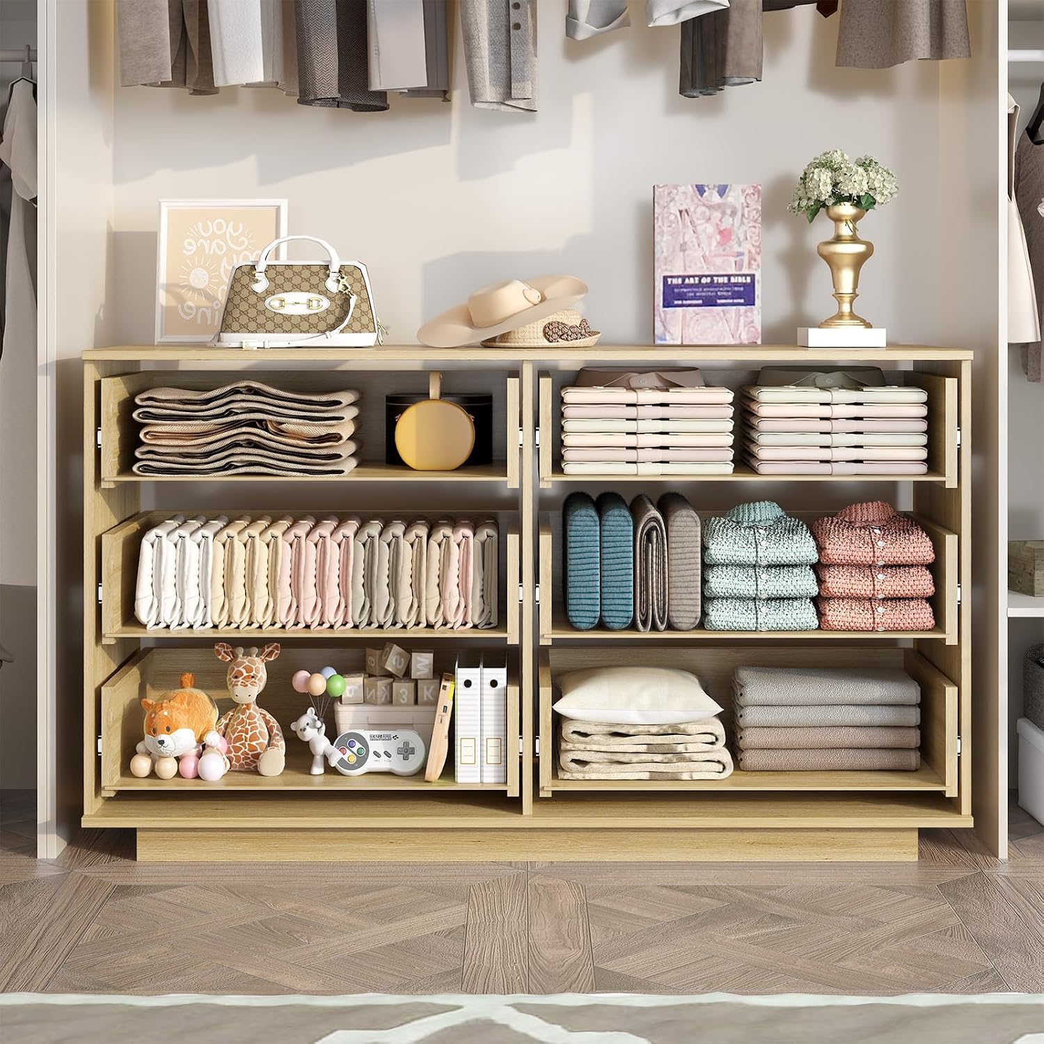 IBF Modern Fluted 6 Drawer Dresser for Bedroom, Fluted 55 Inch Chest of Drawers for Kid Adult Closet, Large Wood Clothes Storage Dresser with Anti-Tipping Device for Living Room Hallway, Oak