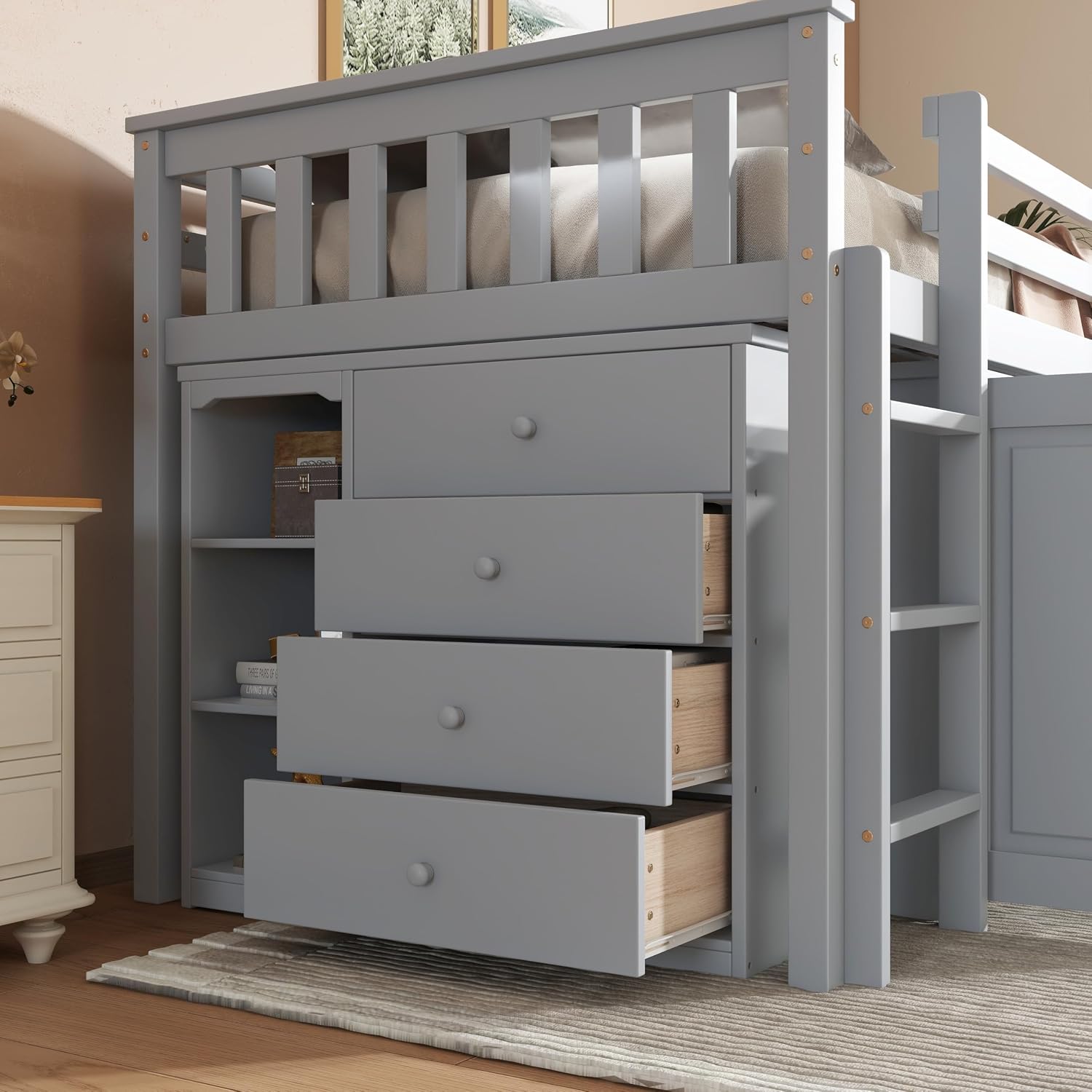JIVOIT Twin Size Low Loft Bed, Multifunctional Loft Bed with Pulling-Out Desk, Storage Cabinet, Drawer and Shelf Cabinet, Rubber Wood Loft Bed with Safety Guardrail, Ladder, Easy Assembly (Grey/262)