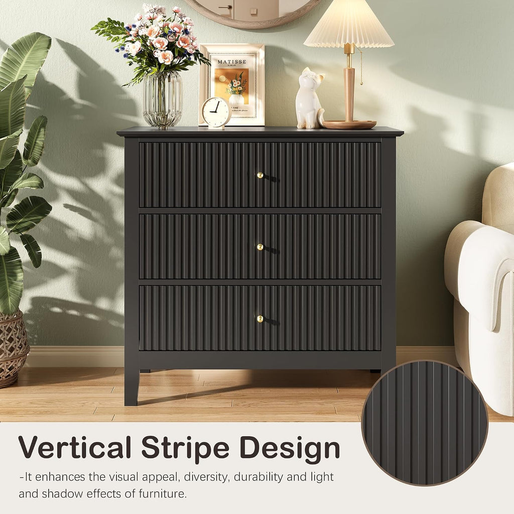 Fluted 3 Drawer Dresser Set of 2, Small Dresser Nightstand for Bedroom, Modern Wood Chest of Drawers, Wooden Dresser Nightstand with Paint Design for Closet, Hallway, Entryway, Black