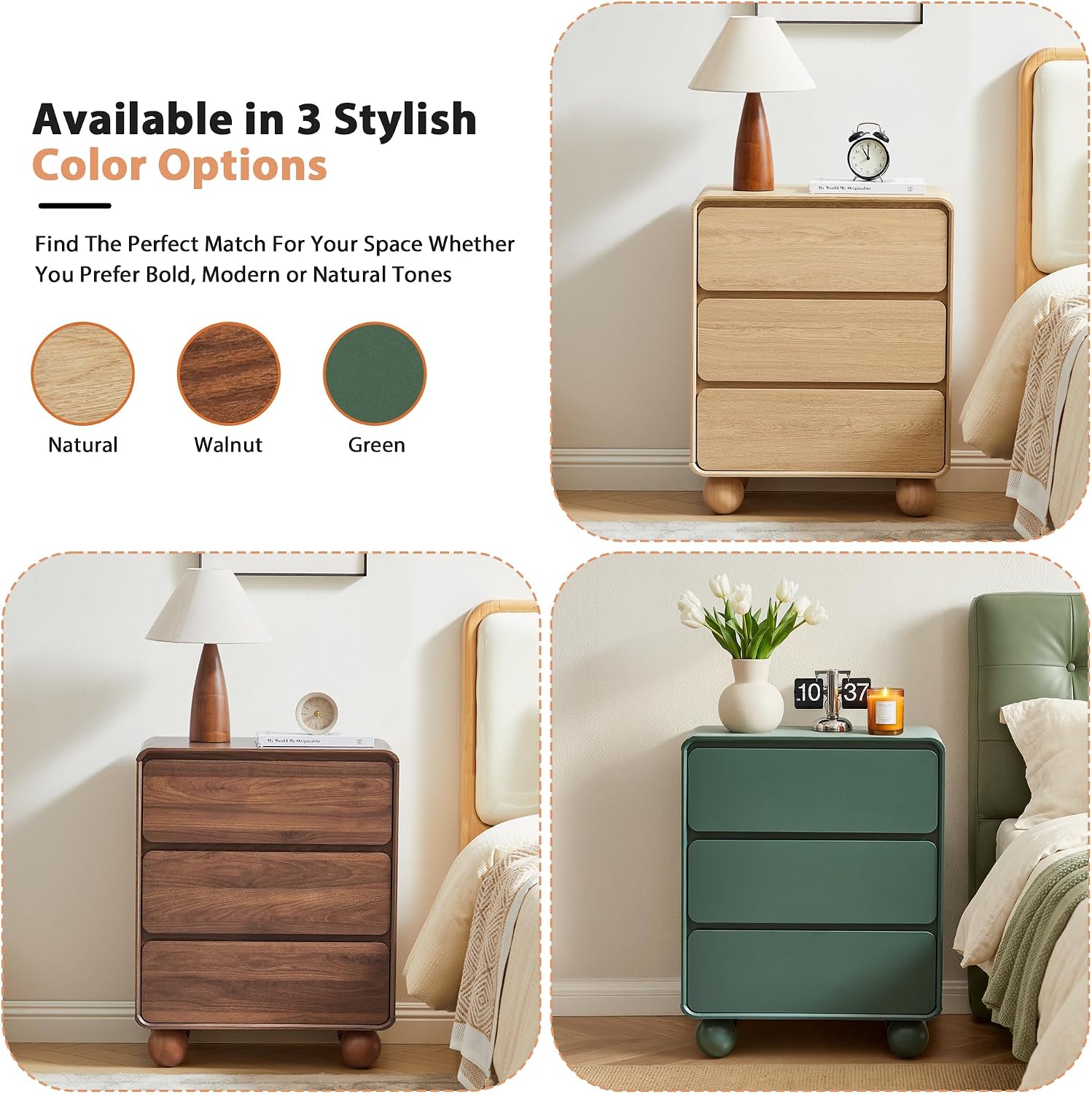 AVZEAR Modern3 Drawer Dresser for Bedroom, Curved Wooden Dresser Chest of Drawers, 3 Drawer Nightstand Closet Clothes Storage Organizer for Kids Bedroom, Living Room, Nursery, Green