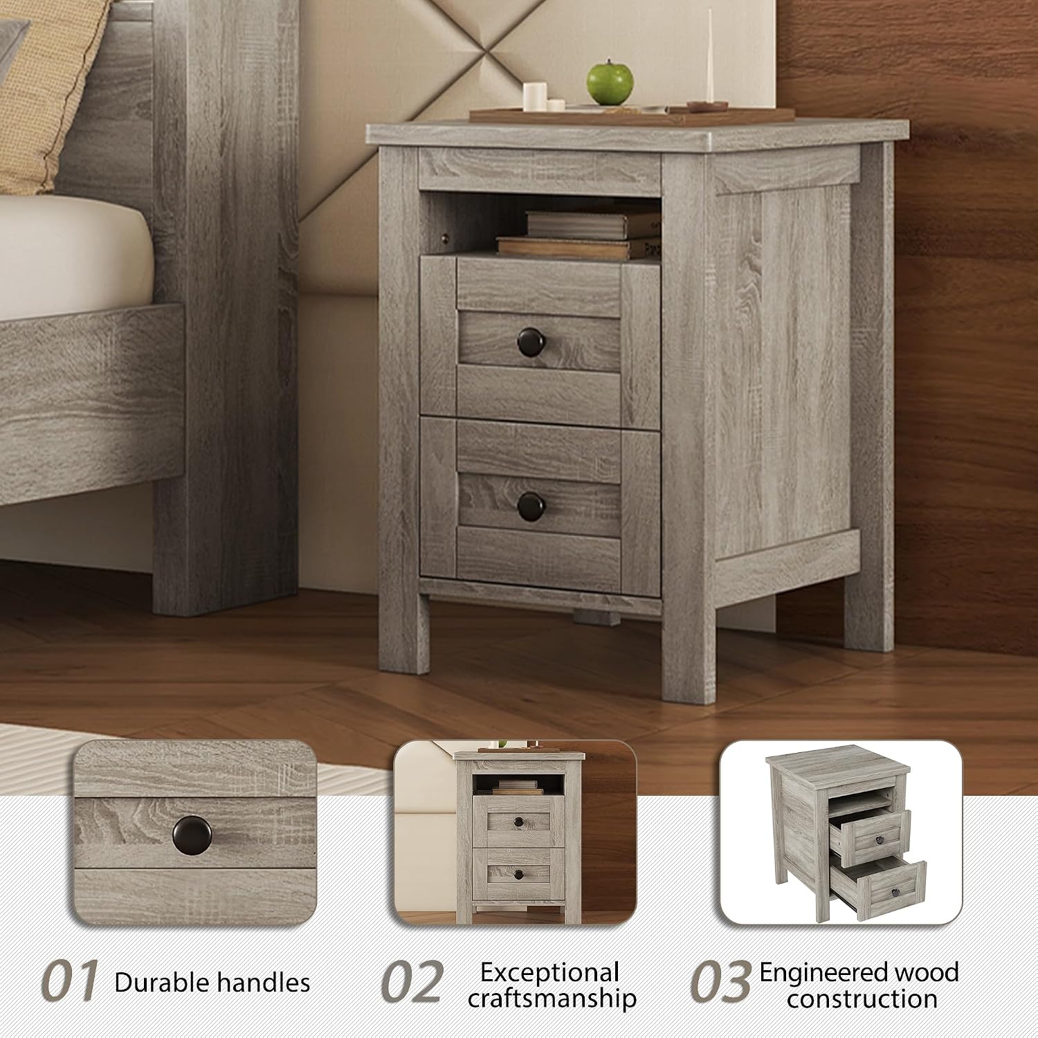 3-Pieces Bedroom Sets with Full Size Farmhouse Platform Bed, Double Sliding Door Storage Headboard, USB, 3PCS Bedroom Sets with Cabinet, Nightstands for Kids Adults, Gray
