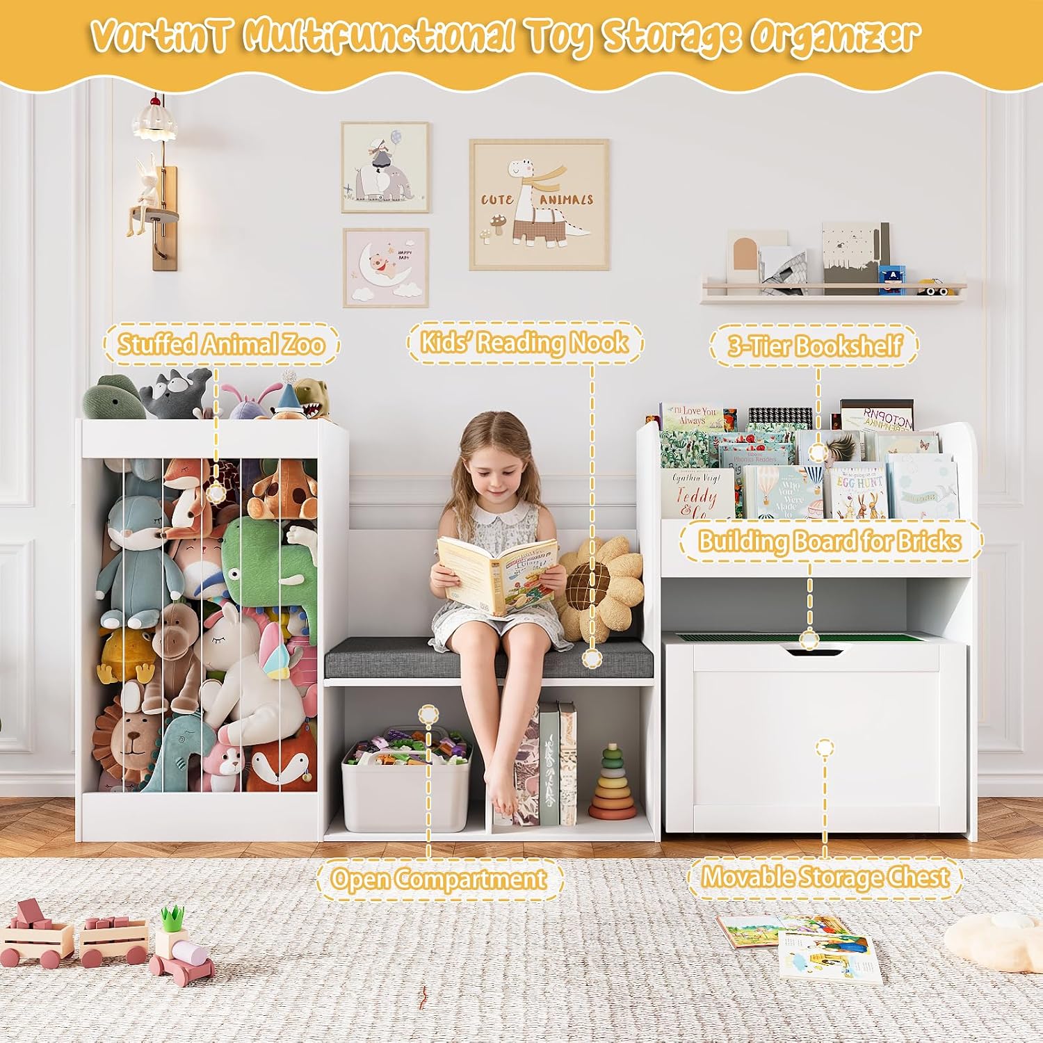 68.9' W Kids Reading Nook, Toy Storage Box with Removable Building Baseplate Play Lid for Lego, Wooden Bookshelf with Stuffed Animal Storage, Bench and Removable Cushions for Playroom(White)