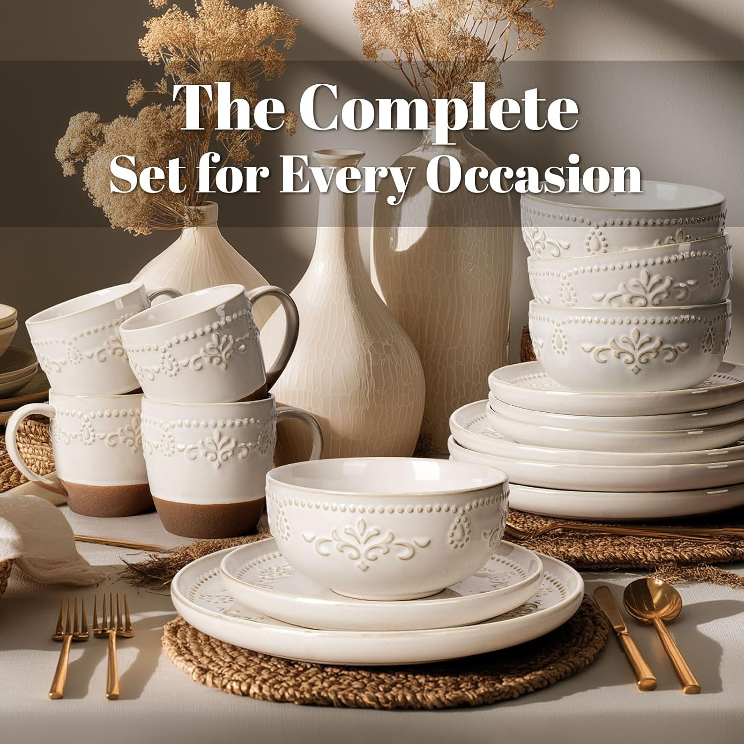 Artena Plates And Bowls Sets, 16 Pieces Dinnerware Sets, Dish Set For 4, Ceramic Kitchen Bowl And Plate Set, Embossed White Dishware Sets, Dishwasher & Microwave Safe (Damask Floral) (With Mugs)