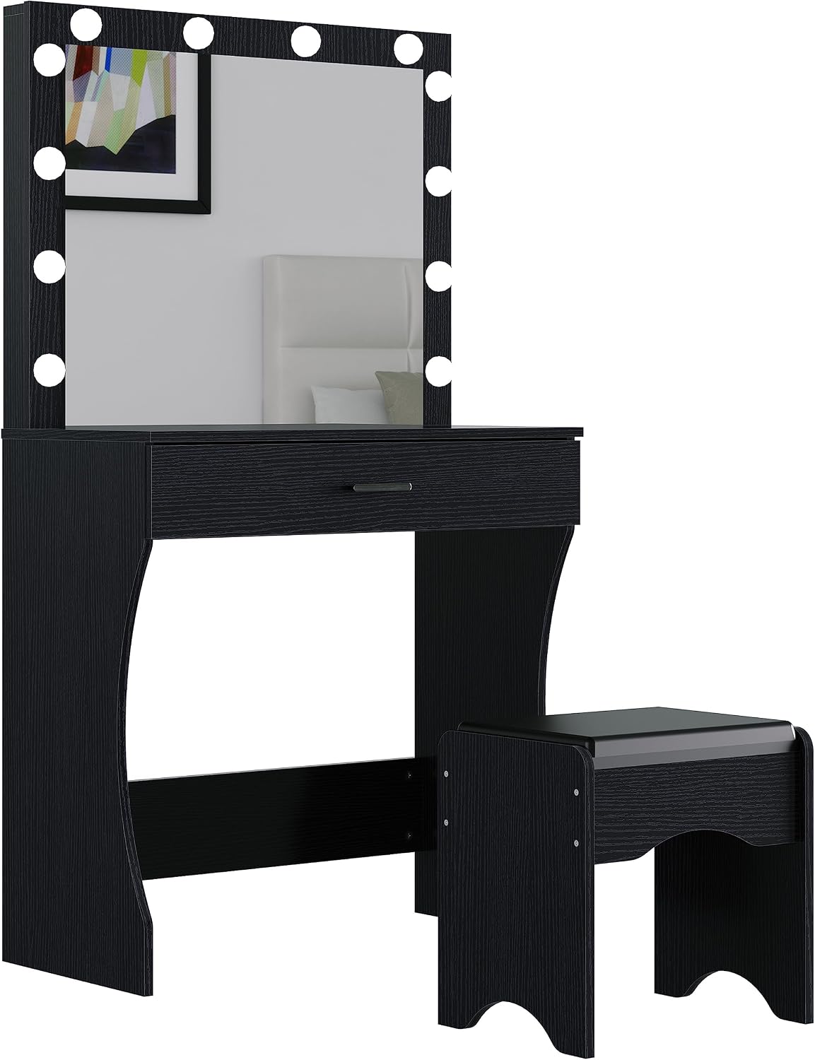 Panana Vanity Desk with Mirror and Lights, Black, Medium Size, Tabletop Mount, Makeup Vanity Table with Stool, Bedroom