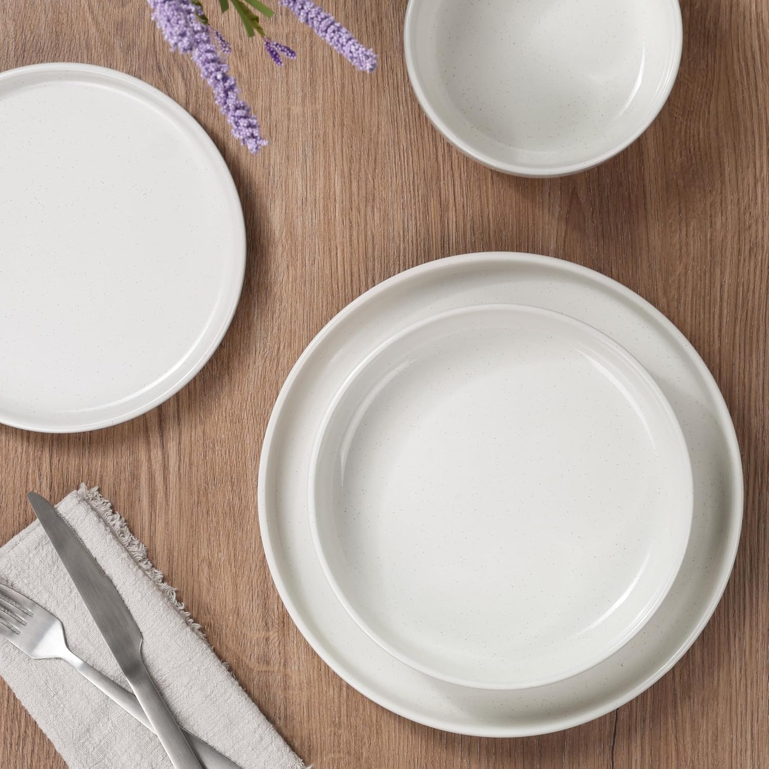 HaWare 24-Piece Plates and Bowls Set for 6, Stoneware Dinnerware Sets with Pasta Bowl, Dishes Set for Home Restaurant, Speckled Milky White
