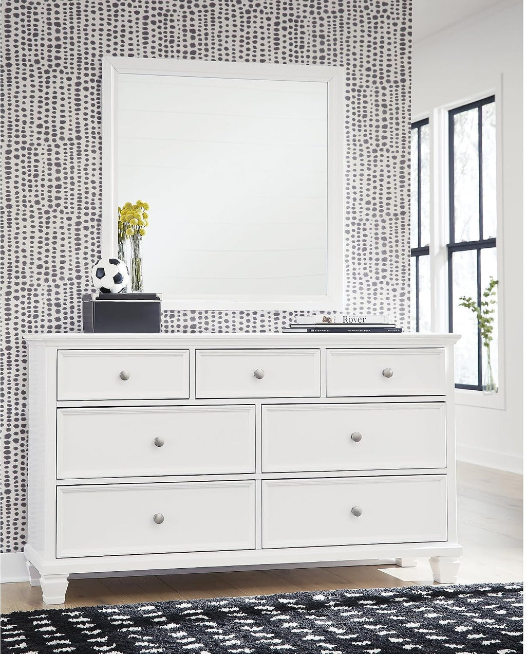 Signature Design by Ashley Fortman Casual Dresser and Mirror, Tapered Feet, 7 Storage Drawers, Round Satin Nickel Metal Knobs, Wood, 74.13' High, White