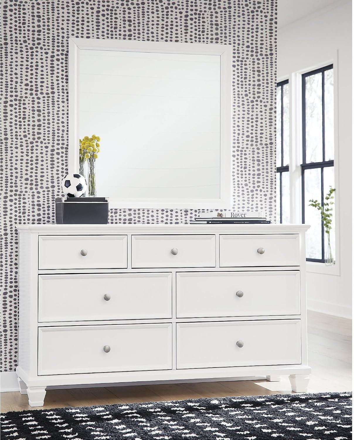 Signature Design by Ashley Fortman Casual Dresser and Mirror, Tapered Feet, 7 Storage Drawers, Round Satin Nickel Metal Knobs, Wood, 74.13' High, White