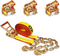Chain Ratchet Straps 2 Inch x 27 Foot, 4 Pack, Heavy Duty Ratchet Straps with Chain Anchors & Grab Hooks, 10,000 lbs Break Strength,Heavy Equipment Tie-Downs, Cargo Tie Down