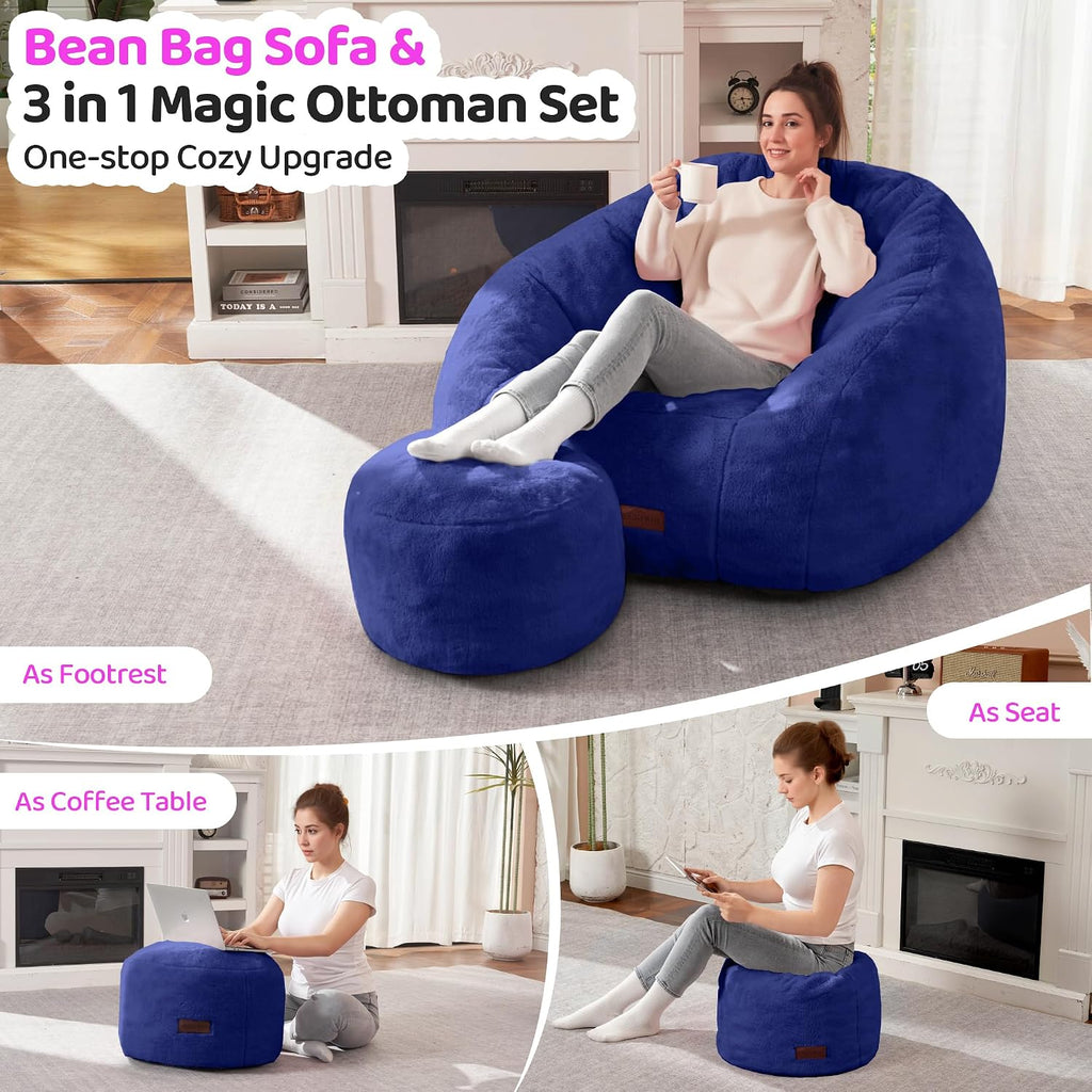 HABUTWAY Bean Bag Chair, Giant Bean Bag Chairs for Adults with Ottoman, Comfy Faux Fur Shell-Shaped Bean Bag Couch, Sofa Chair for Living Room, Bedroom, Navy Blue