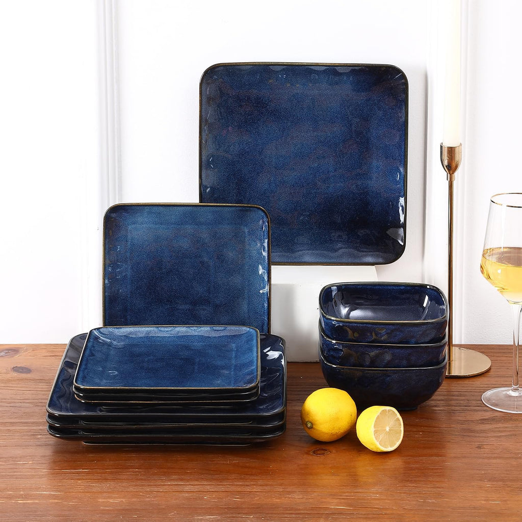 Vicrays Ceramic 24 Pieces Square Dinnerware Set - Dinner Plates Salad Plates Cereal Bowls Set Service for 8 - Scratch Resistant Microwave Oven Dishwasher Safe - Blue