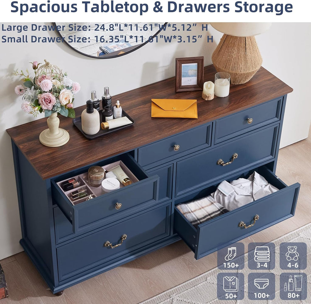 Joaxswe Farmhouse Dresser and Nightstand Sets, Wooden 7 Drawers Dresser & 24' Night Stand with 3 Drawers, 2 Piece Bedroom Furniture Set, Chest of Drawers for Bedroom, Home, Living Room, Hallway