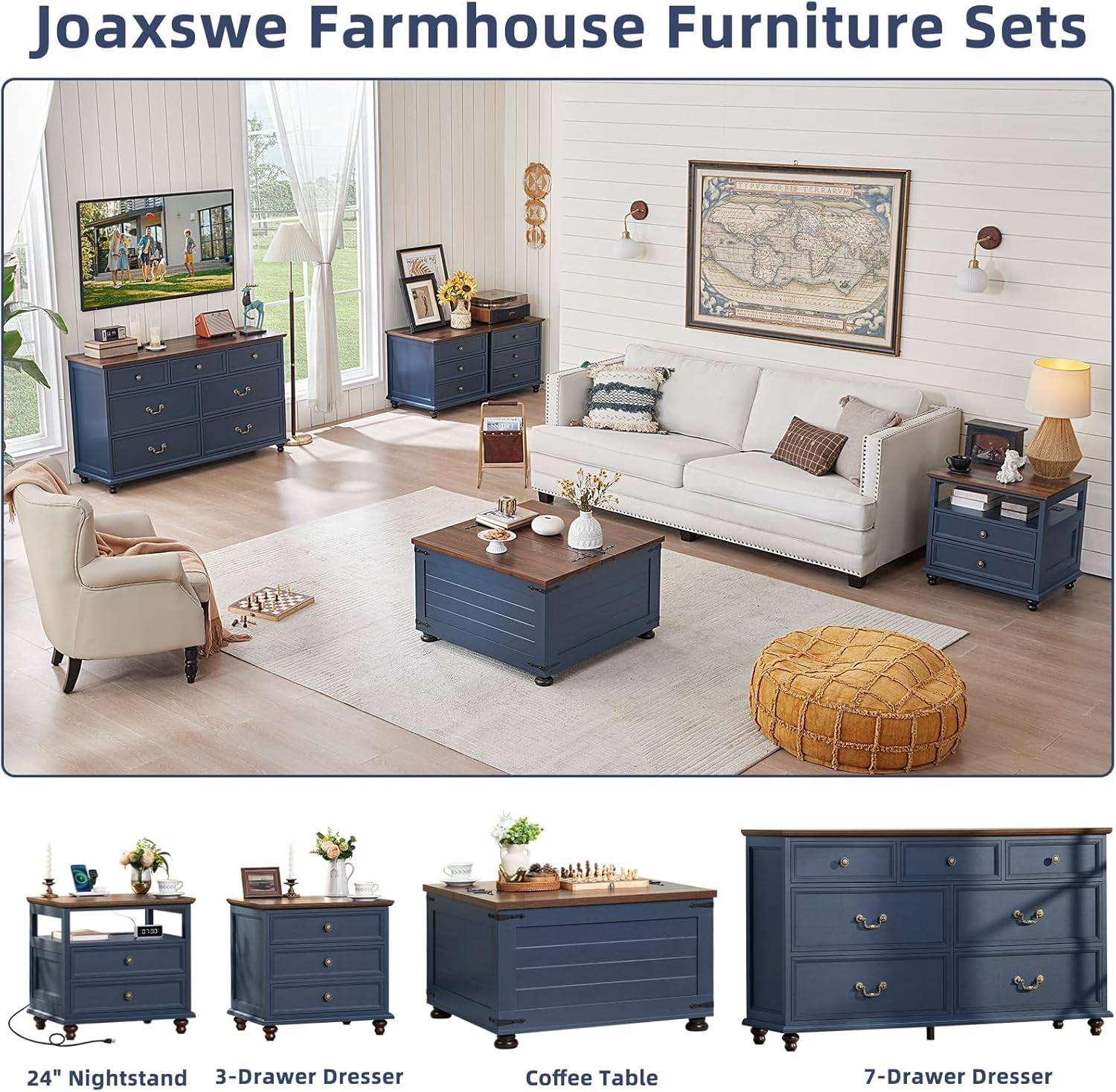 Joaxswe Farmhouse Dresser and Nightstand Sets, Wood 54' Wide Dresser & 24' Night Stand with Charging Station, 2 Piece Bedroom Furniture Set, Chest of Drawers for Bedroom, Home, Living Room, Hallway