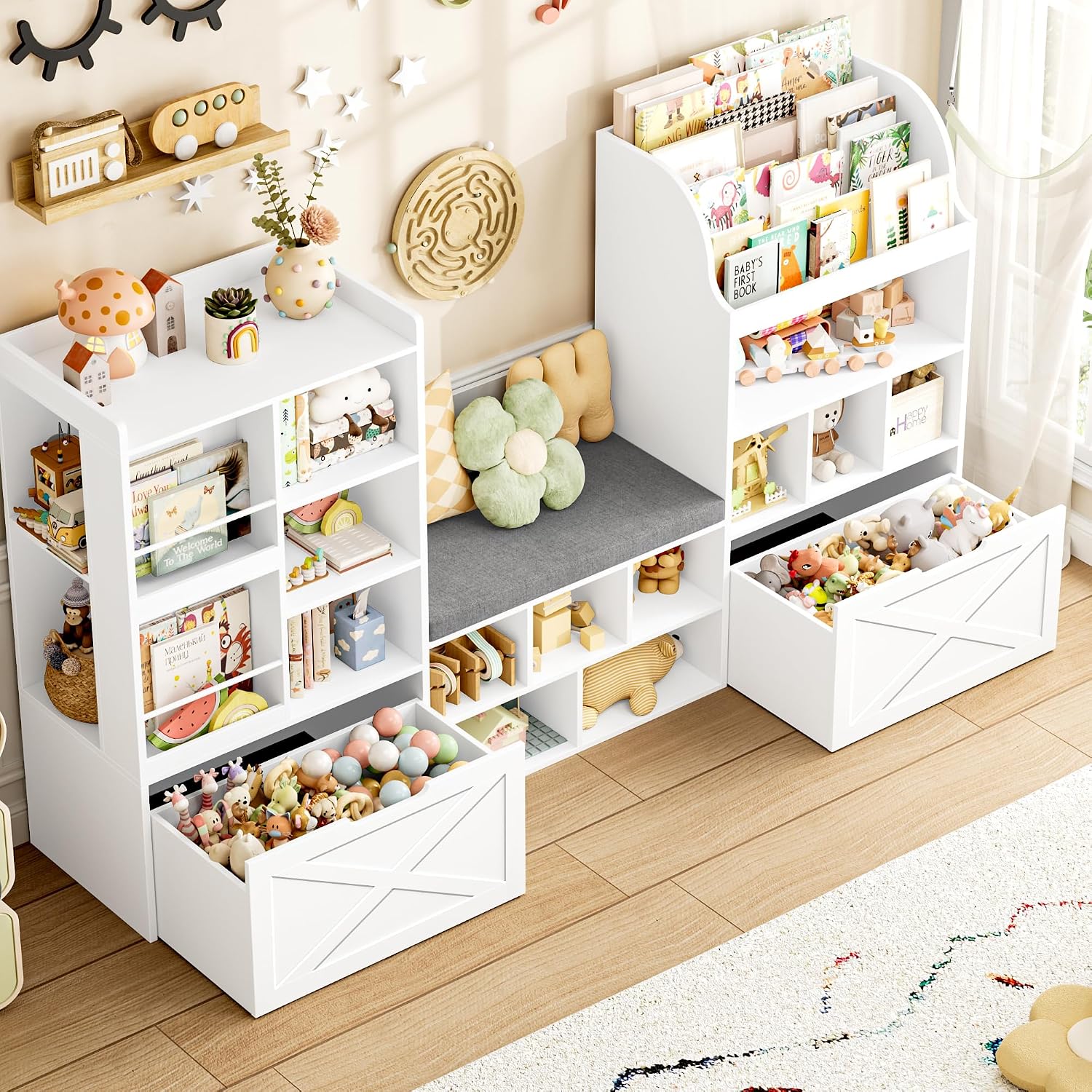 FINETONES 75' W Kids Bookshelf with Reading Nook, Large Toy Storage Toy Organizer with Seat Cushion and 2 Movable Drawers, Kids Reading Nook Kid Bench for Playroom Living Room, White