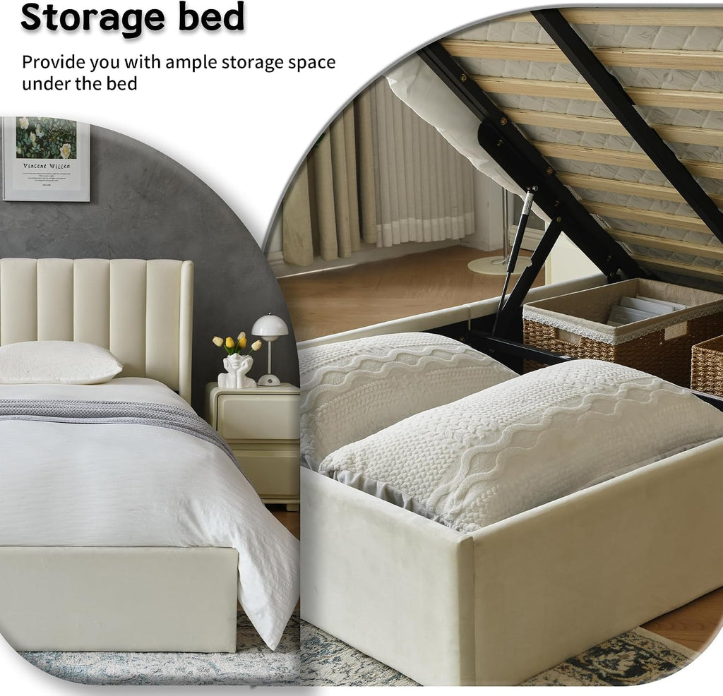 YUHUASHI Queen Size Hydraulic Storage Bed, Upholstered Platform Bed Frame, Modern Wingback Design Headboard, Velvet Fabric with Hydraulic Support Bars, No Box Spring Required (Cream, Twin)